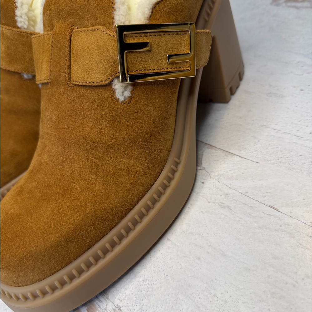 Fendi Tan Suede Heeled Boots with Gold Buckle
